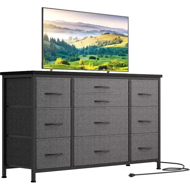 Commode en tissu avec 10 tiroirs de rangement pour chambre à coucher, meuble TV de 55 pouces avec prise de courant, cadre en métal robuste, plateau en bois pour chambre d'amis, placard, entrée