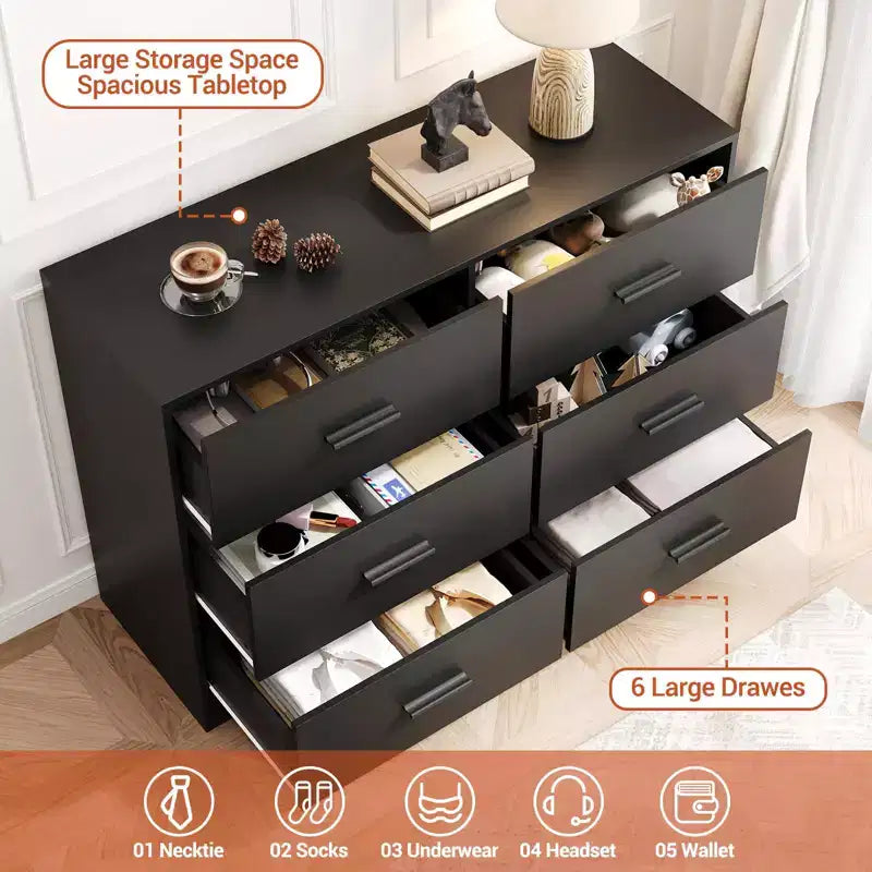 Commode double à 6 tiroirs, meuble TV de 120 cm de large et armoire de rangement pour chambre à coucher