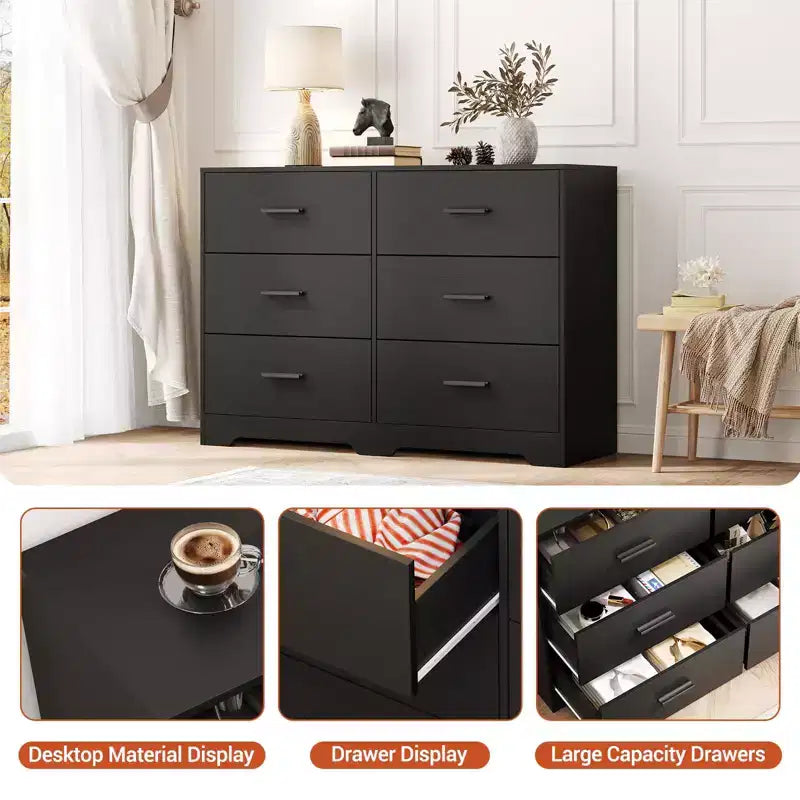 Commode double à 6 tiroirs, meuble TV de 120 cm de large et armoire de rangement pour chambre à coucher