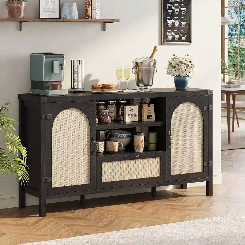 Grand buffet avec tiroirs de rangement, meuble de bar à café de 150 cm avec étagères réglables pour cuisine/salle à manger/salon