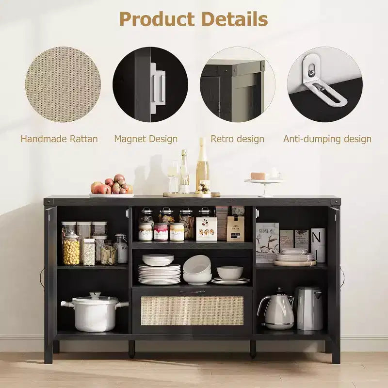 Grand buffet avec tiroirs de rangement, meuble de bar à café de 150 cm avec étagères réglables pour cuisine/salle à manger/salon