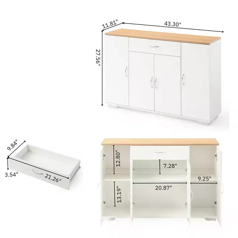 Buffet de rangement de style ferme moderne, table de buffet en bois avec tiroir et étagères, meuble de rangement à portes de grange de 43,3 po