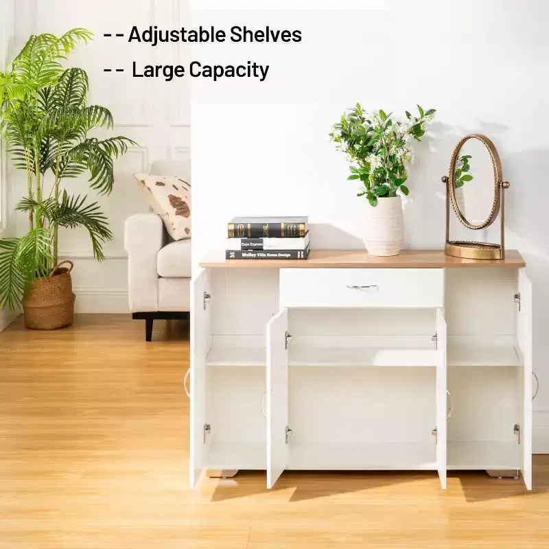 Buffet de rangement de style ferme moderne, table de buffet en bois avec tiroir et étagères, meuble de rangement à portes de grange de 43,3 po