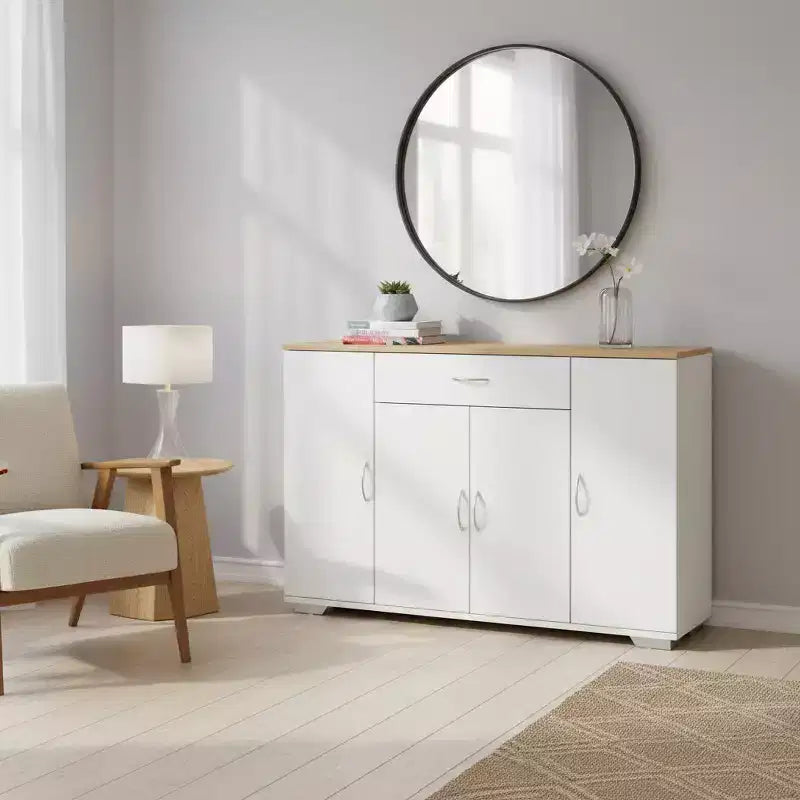 Buffet de rangement de style ferme moderne, table de buffet en bois avec tiroir et étagères, meuble de rangement à portes de grange de 43,3 po