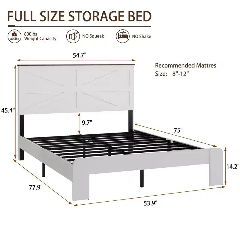 Lit plateforme de chambre de toutes tailles de style naturel avec tête de lit en bois de ferme, cadre de lit moderne sans sommier tapissier requis