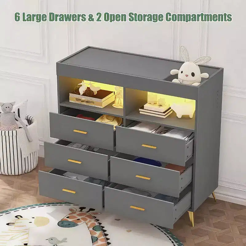 Table à langer avec pieds en métal, commode à 6 tiroirs, station de langer pour chambre de bébé