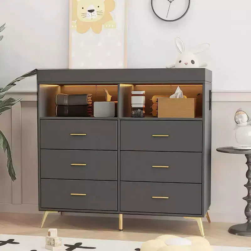 Table à langer avec pieds en métal, commode à 6 tiroirs, station de langer pour chambre de bébé