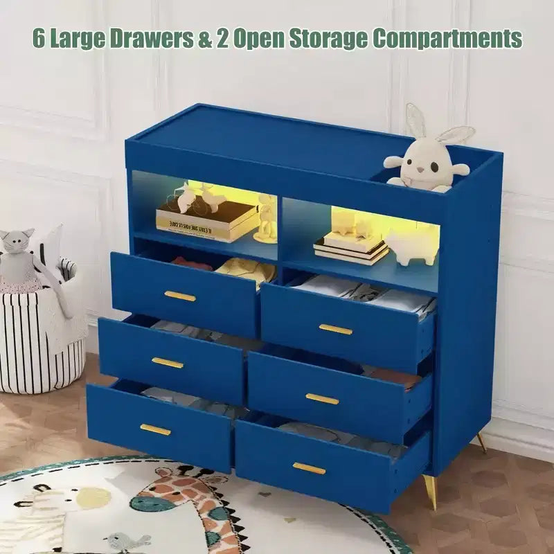 Table à langer avec pieds en métal, commode à 6 tiroirs, station de langer pour chambre de bébé