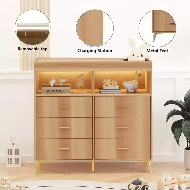 Table à langer avec pieds en métal, commode à 6 tiroirs, station de langer pour chambre de bébé