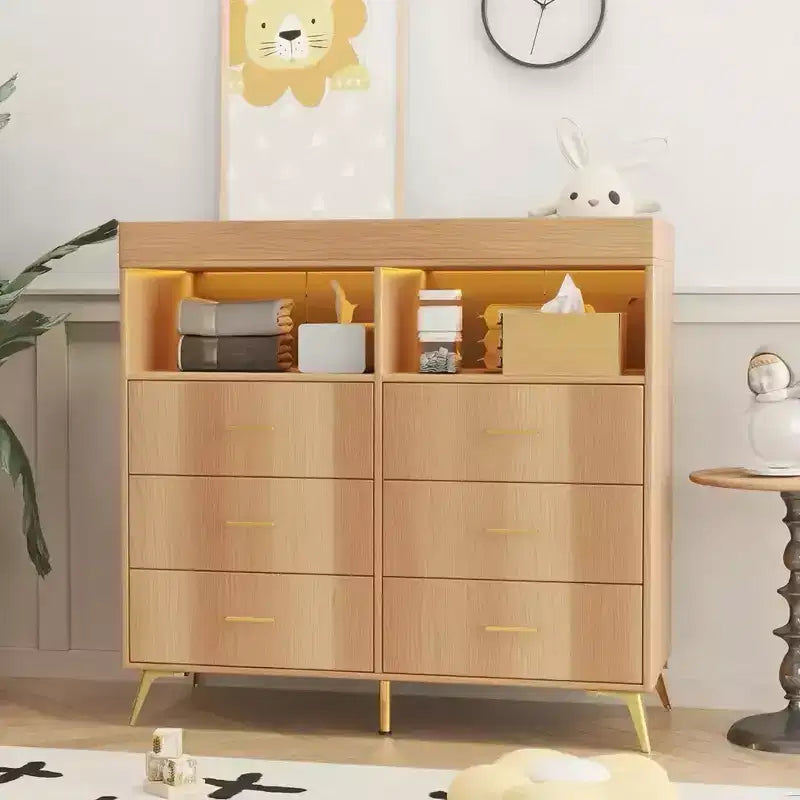 Table à langer avec pieds en métal, commode à 6 tiroirs, station de langer pour chambre de bébé