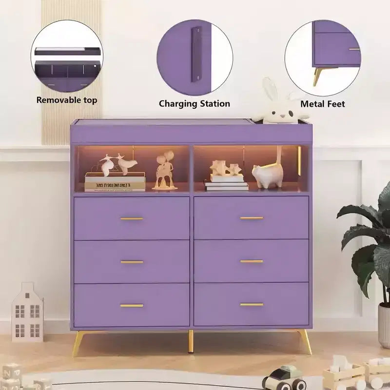 Table à langer avec pieds en métal, commode à 6 tiroirs, station de langer pour chambre de bébé