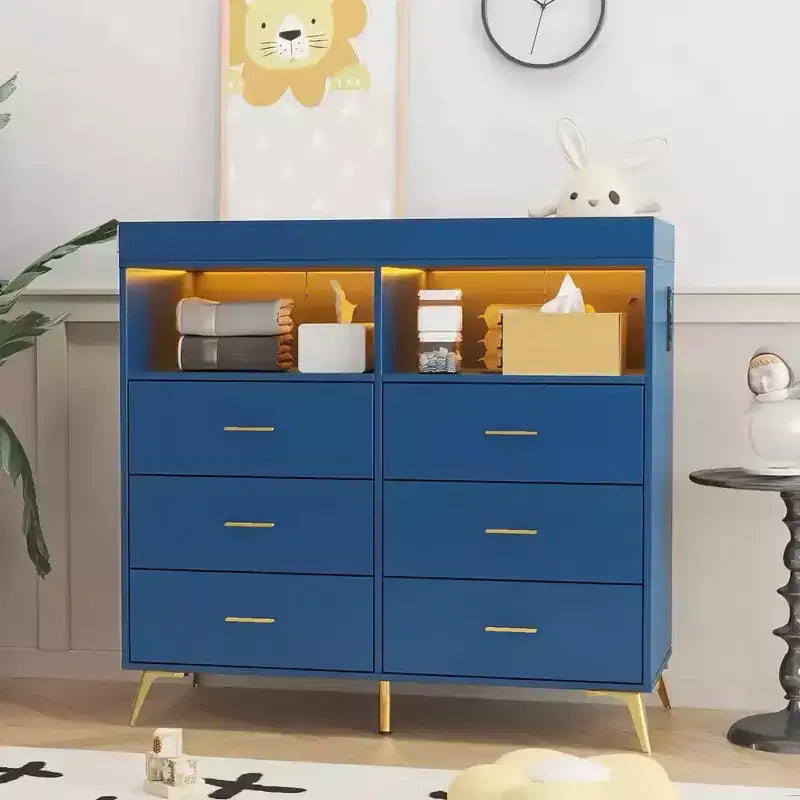 Table à langer avec pieds en métal, commode à 6 tiroirs, station de langer pour chambre de bébé