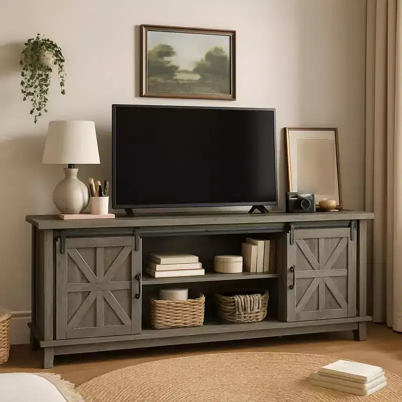 Meuble TV de style ferme pour téléviseur de 75 pouces, meuble de divertissement en bois avec rangement et portes de grange, console TV avec étagère réglable