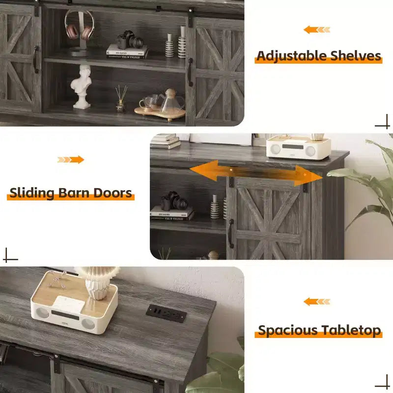 Meuble TV de style ferme pour téléviseur de 75 pouces, meuble de divertissement en bois avec rangement et portes de grange, console TV avec étagère réglable