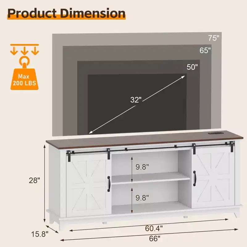 Meuble TV de style ferme pour téléviseur de 75 pouces, meuble de divertissement en bois avec rangement et portes de grange, console TV avec étagère réglable