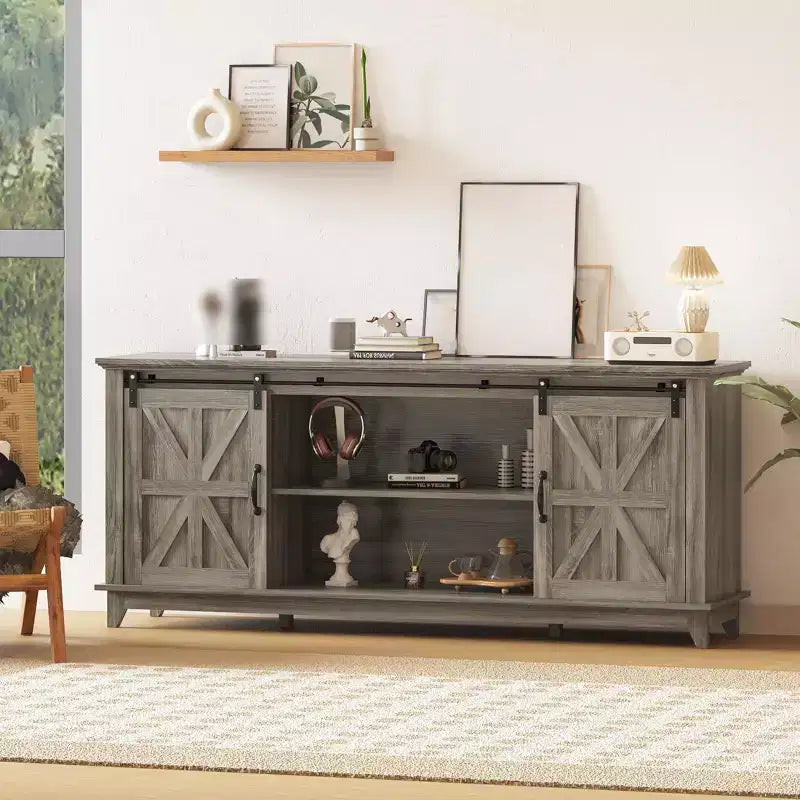 Meuble TV de style ferme pour téléviseur de 75 pouces, meuble de divertissement en bois avec rangement et portes de grange, console TV avec étagère réglable