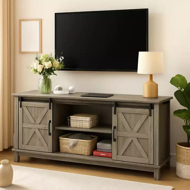 Meuble TV de style ferme pour téléviseur de 75 pouces, meuble de divertissement en bois avec rangement et portes de grange, console TV avec étagère réglable