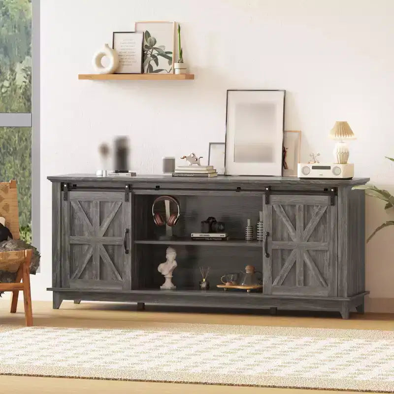 Meuble TV de style ferme pour téléviseur de 75 pouces, meuble de divertissement en bois avec rangement et portes de grange, console TV avec étagère réglable