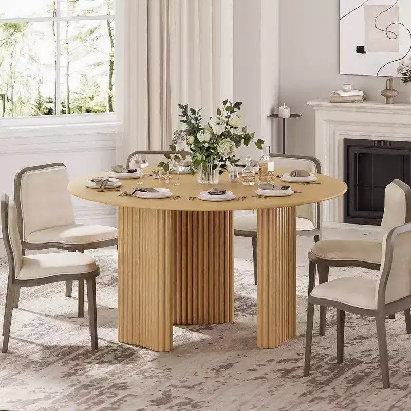Table à manger ronde moderne de 52 po avec pieds colonnes rayés, en bois massif, avec patins anti-rayures, pour salle à manger et bar de cuisine, couleur naturelle