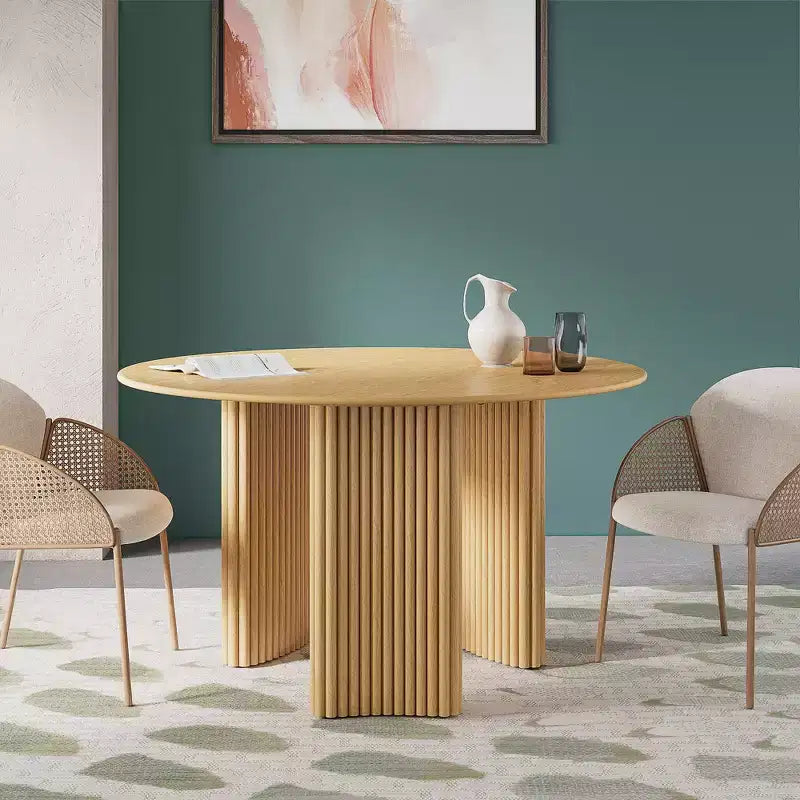 52 Modern Round Dining Table with Striped Column Legs Solid Wood Kitchen Table Anti-Scratch Footpads for Dining Room & Kitchen Bar in Natural