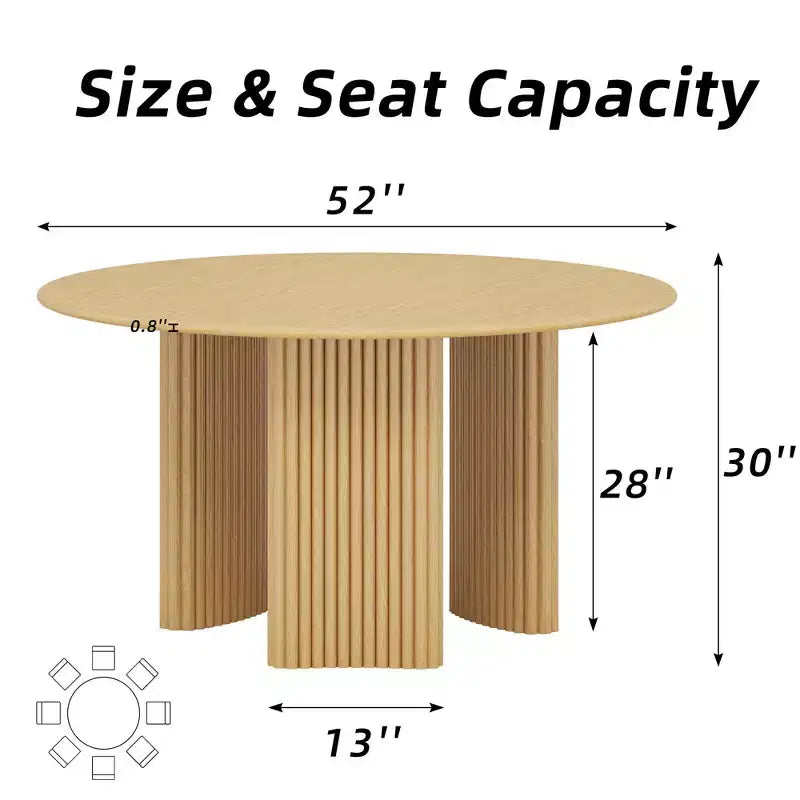 Table à manger ronde moderne de 52 po avec pieds colonnes rayés, en bois massif, avec patins anti-rayures, pour salle à manger et bar de cuisine, couleur naturelle