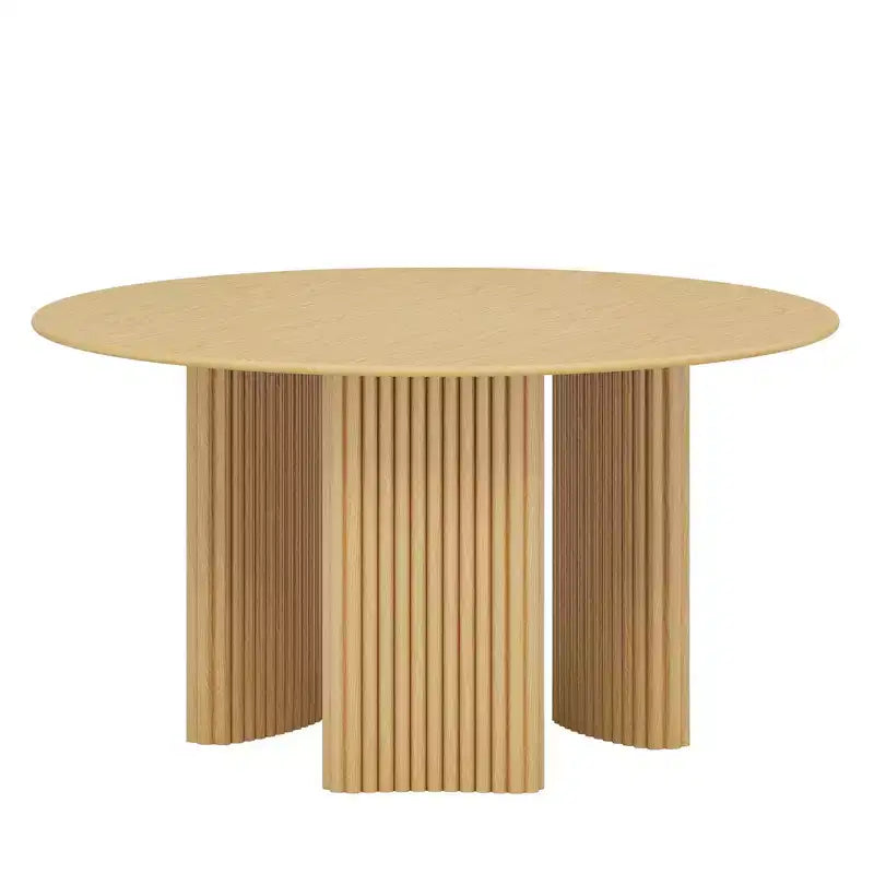 52 Modern Round Dining Table with Striped Column Legs Solid Wood Kitchen Table Anti-Scratch Footpads for Dining Room & Kitchen Bar in Natural