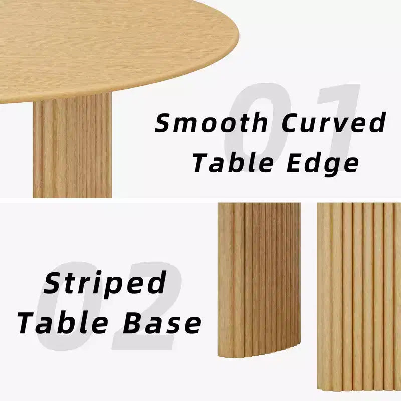 Table à manger ronde moderne de 52 po avec pieds colonnes rayés, en bois massif, avec patins anti-rayures, pour salle à manger et bar de cuisine, couleur naturelle