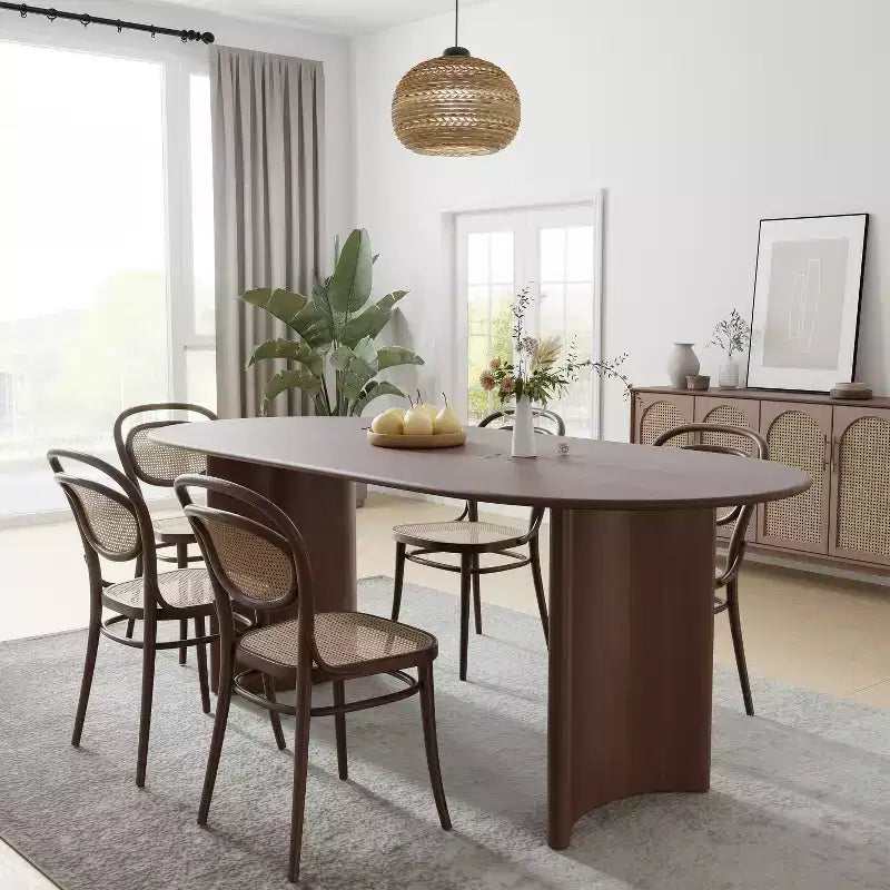 67 Oval Dining Table Farmhouse Wood Kitchen Table for 4-6 with Arc-Shaped Edge Top and Curved Shape Base for Living/Dining Room in Walnut