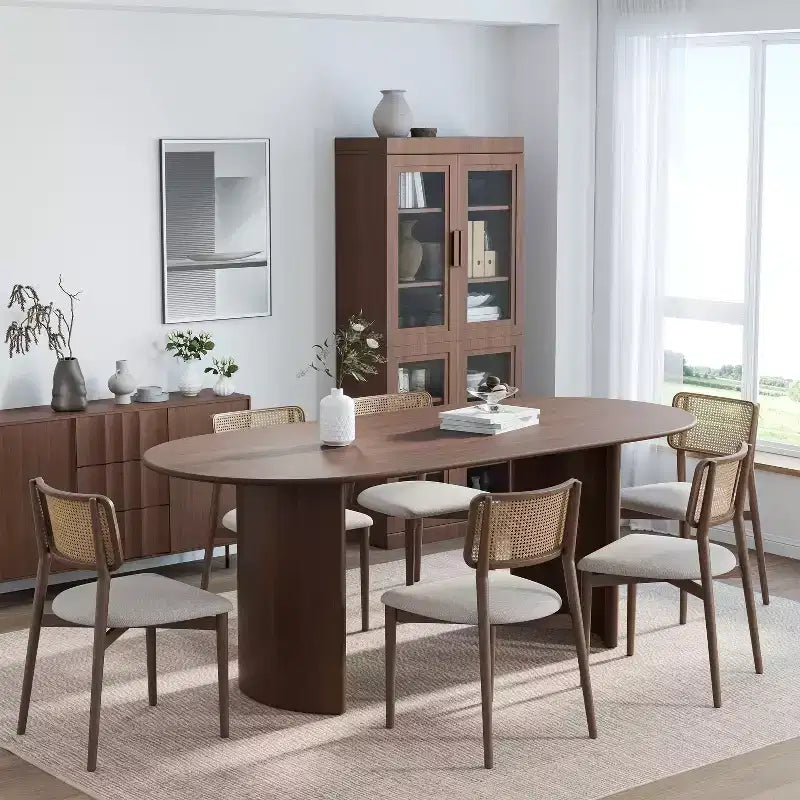 67 Oval Dining Table Farmhouse Wood Kitchen Table for 4-6 with Arc-Shaped Edge Top and Curved Shape Base for Living/Dining Room in Walnut