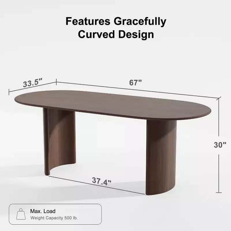 67 Oval Dining Table Farmhouse Wood Kitchen Table for 4-6 with Arc-Shaped Edge Top and Curved Shape Base for Living/Dining Room in Walnut