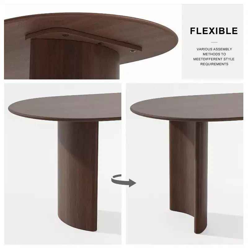 Table de salle à manger ovale 67" en bois de style ferme pour 4 à 6 personnes avec plateau à bords arqués et base incurvée pour salon/salle à manger en noyer