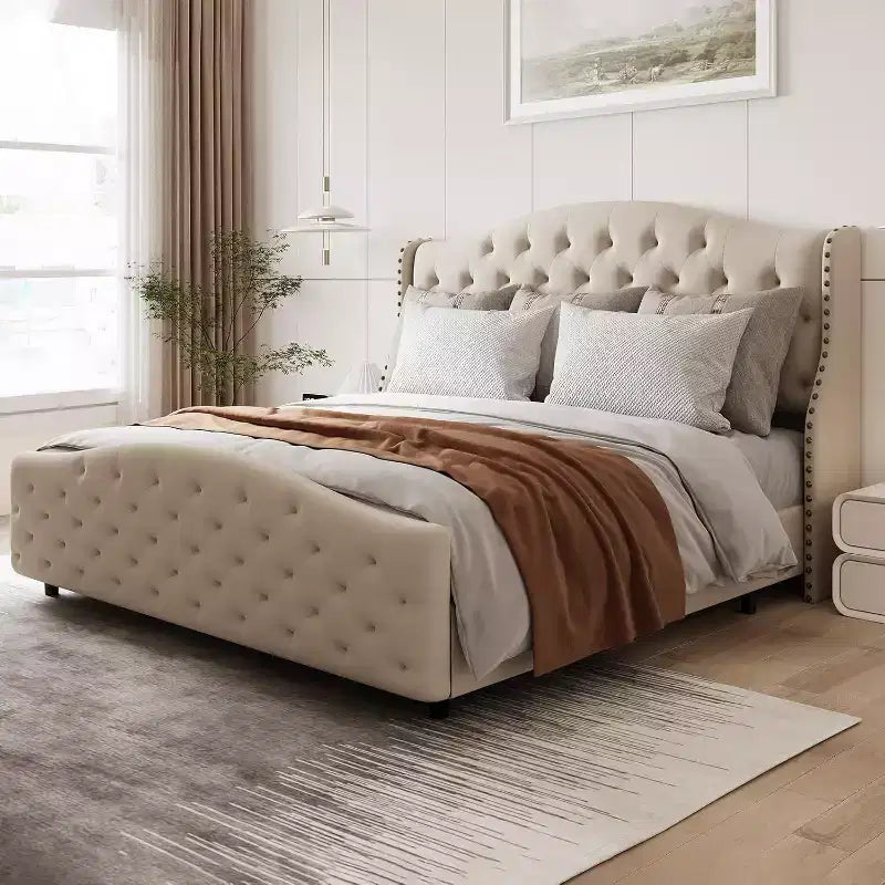 Cadre de lit plateforme Queen Size, tête de lit rembourrée en velours avec garniture cloutée, support à lattes en bois, pas besoin de sommier tapissier, montage facile, silencieux
