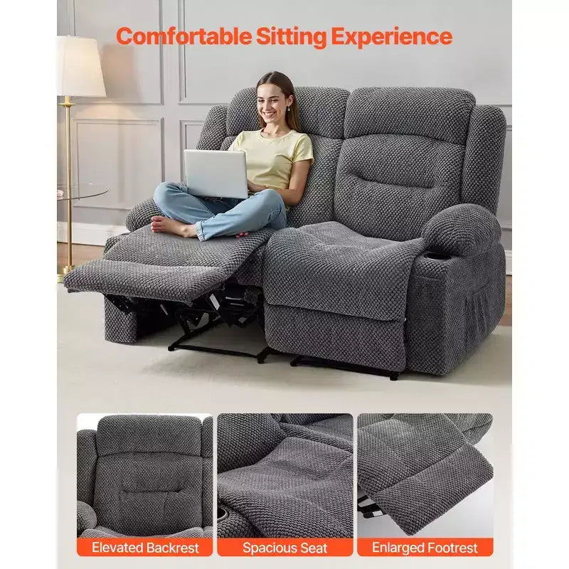 Canapé inclinable deux places, canapé inclinable manuel avec chauffage et massage, canapé inclinable souple en velours côtelé avec ports USB et porte-gobelets, gris