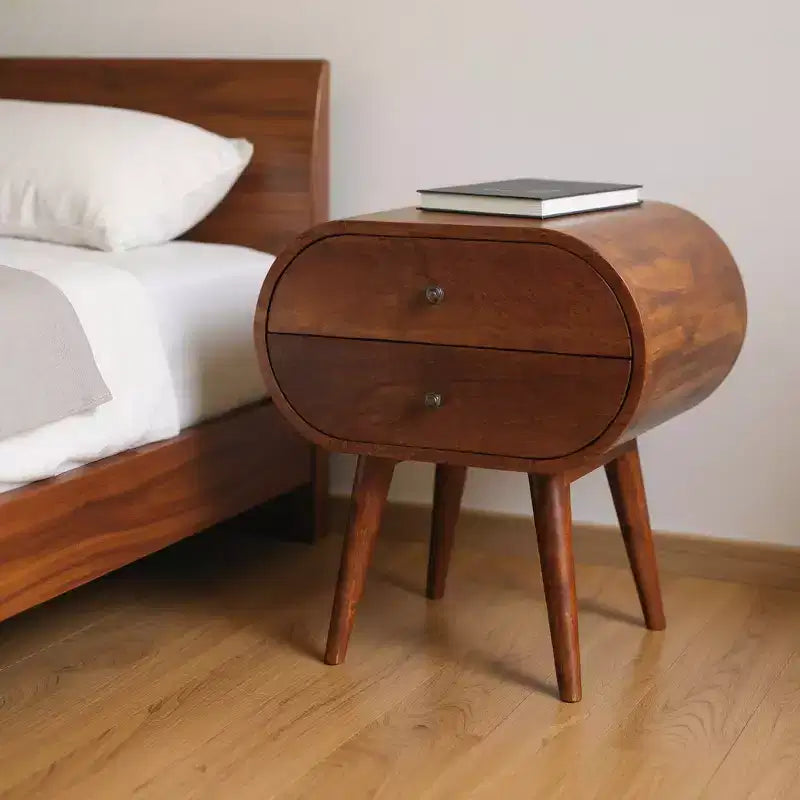 Table de chevet ovale en bois massif de châtaignier à deux tiroirs, 24 po.