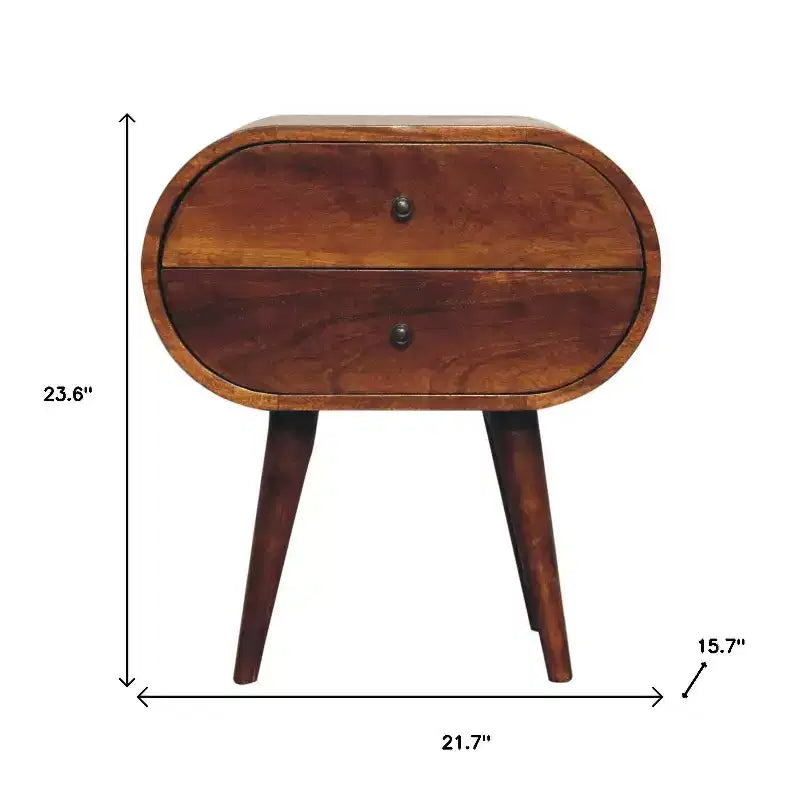 Table de chevet ovale en bois massif de châtaignier à deux tiroirs, 24 po.
