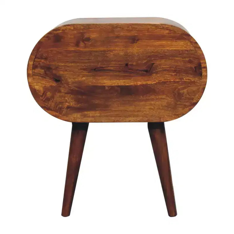 Table de chevet ovale en bois massif de châtaignier à deux tiroirs, 24 po.