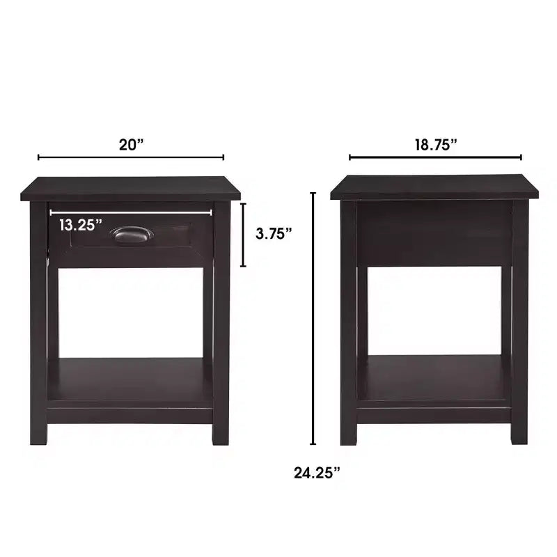 Table de chevet en bois avec tiroir et étagère Style traditionnel noir, quincaillerie en fer, composite MDF