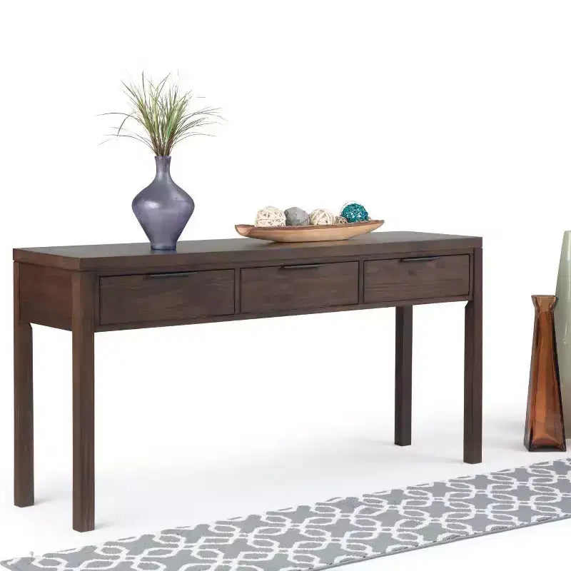 Console 60" de large brun noyer : Milieu de siècle moderne, cadre en bois massif, plateau en acacia