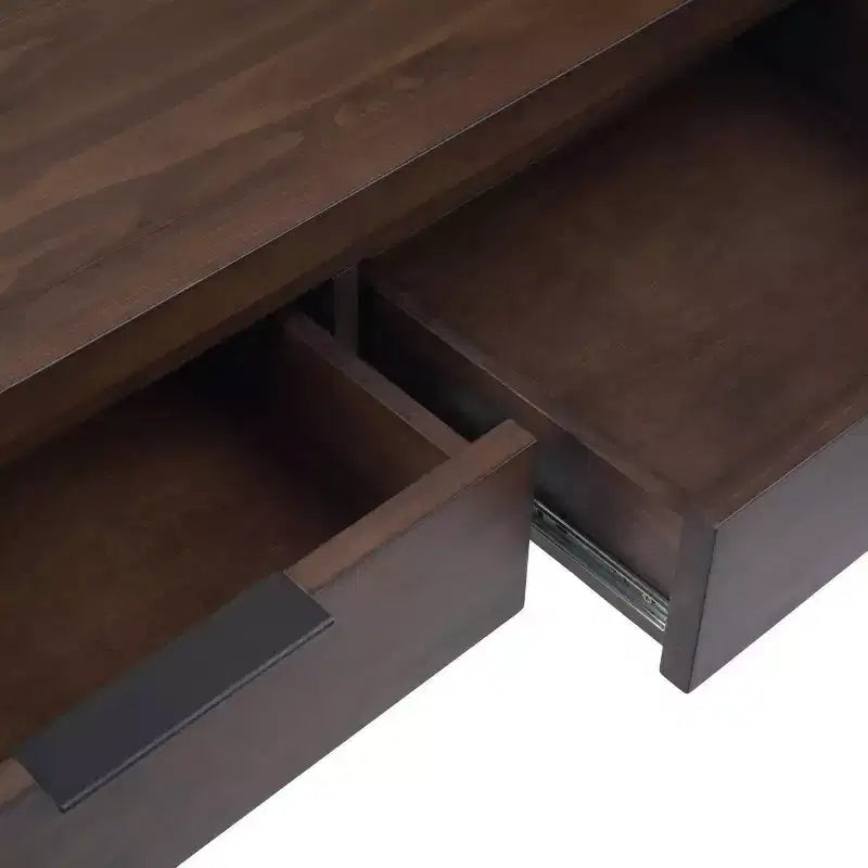 Console 60" de large brun noyer : Milieu de siècle moderne, cadre en bois massif, plateau en acacia