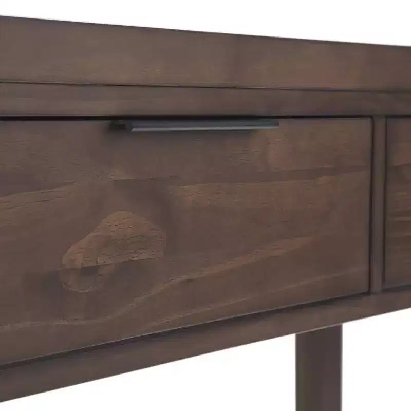 Console 60" de large brun noyer : Milieu de siècle moderne, cadre en bois massif, plateau en acacia