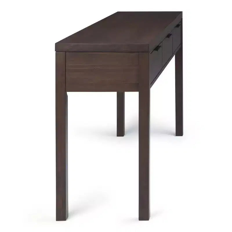 Console 60" de large brun noyer : Milieu de siècle moderne, cadre en bois massif, plateau en acacia