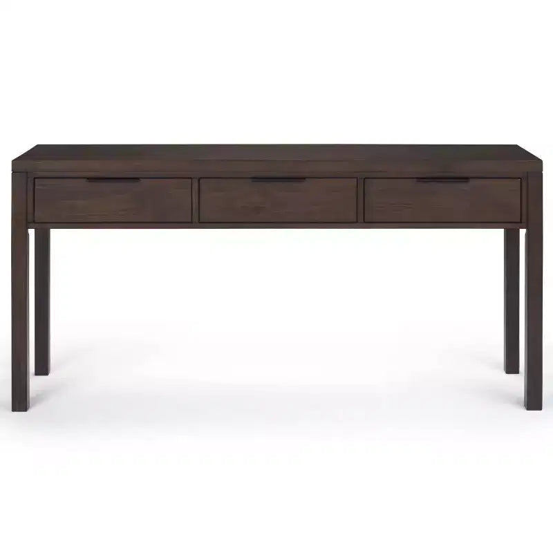 Console 60" de large brun noyer : Milieu de siècle moderne, cadre en bois massif, plateau en acacia