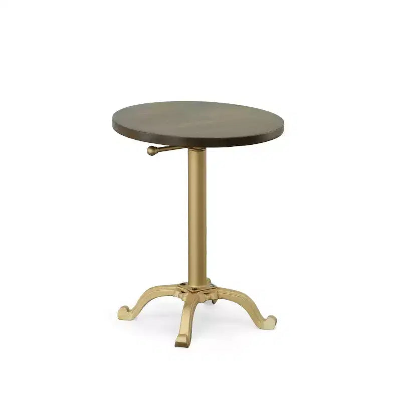 Table d'appoint vintage réglable or : 61 cm de haut, plateau rond en bois de manguier, structure métallique