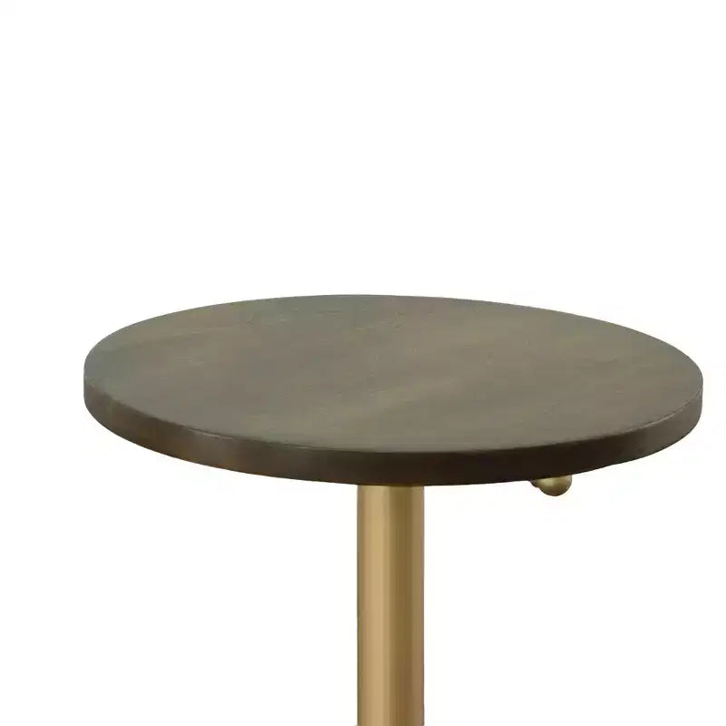 Table d'appoint vintage réglable or : 61 cm de haut, plateau rond en bois de manguier, structure métallique