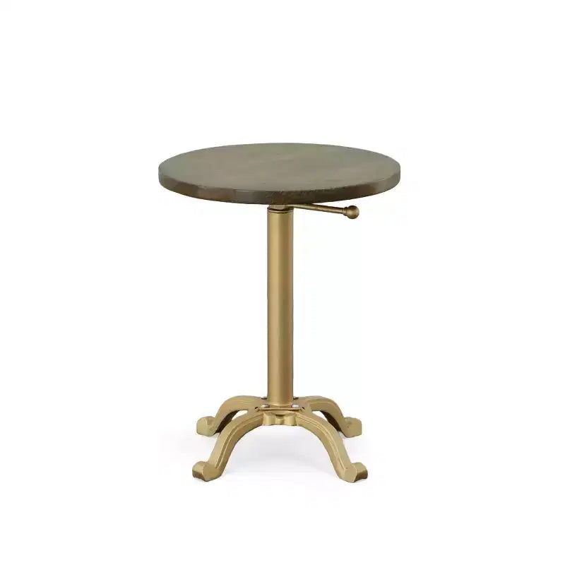Table d'appoint vintage réglable or : 61 cm de haut, plateau rond en bois de manguier, structure métallique