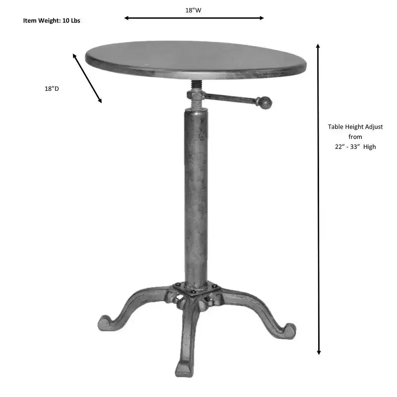 Table d'appoint vintage réglable or : 61 cm de haut, plateau rond en bois de manguier, structure métallique