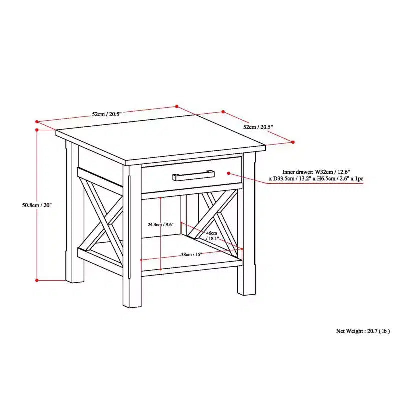 Table d'appoint carrée de 53 cm en pin