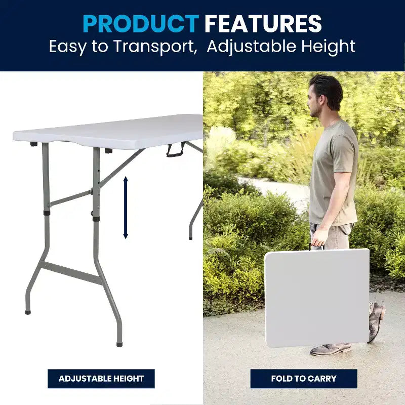 Table pliante de banquet et d'événement en plastique blanc granit, pliable, réglable en hauteur (1,5 m), avec poignée de transport
