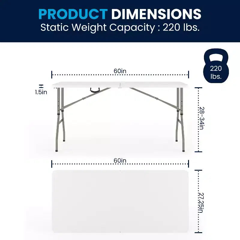 Table pliante de banquet et d'événement en plastique blanc granit, pliable, réglable en hauteur (1,5 m), avec poignée de transport