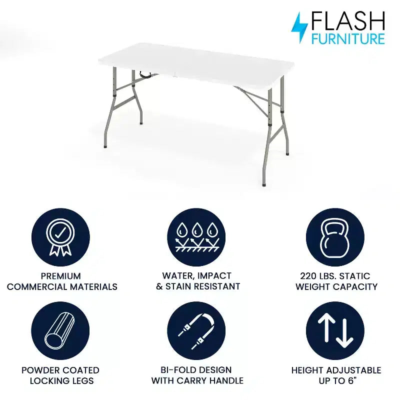 Table pliante de banquet et d'événement en plastique blanc granit, pliable, réglable en hauteur (1,5 m), avec poignée de transport